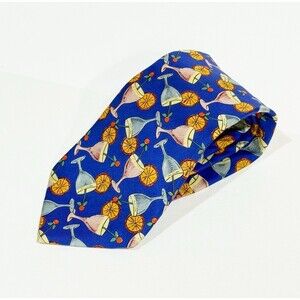 Kenneth Gordon Tie Silk Cocktail Martini Drinks Print Blue Wide 4” Italy Vintage